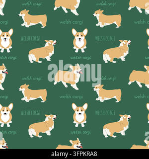 Seamless pattern with cute Welsh Corgi dogs and handwritten breed names text on dark forest green background Stock Vector