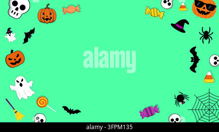 Festive Halloween border featuring cute cartoon icons like pumpkins skulls ghosts bats spiders and candy on a bright green background Stock Vector