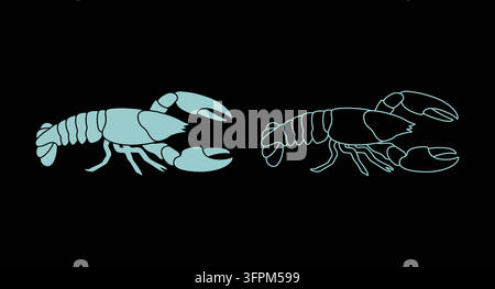 Lobster icon set in flat color and line art style with marine life Stock Vector