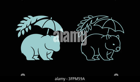 Wombat graphic icon standing under an umbrella and fern leaf illustration Stock Vector