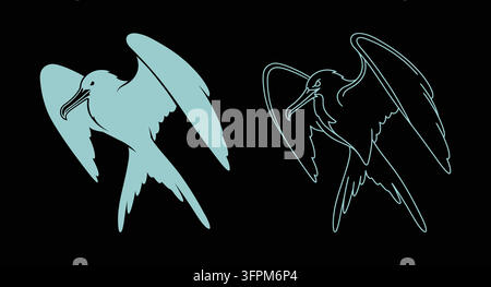 Flying seabird silhouette and outline icon set on black background with web icon Stock Vector