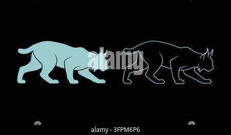 Stylized lynx silhouette and line art illustration on black background Stock Vector