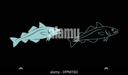 Cod fish silhouette and detailed line art vector illustration isolated on black Stock Vector