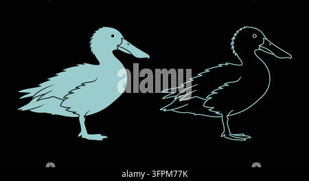 Duck standing silhouette and outline drawing set with bird silhouette Stock Vector