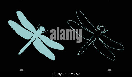 Dragonfly flying silhouette and line art illustration with graphic design Stock Vector