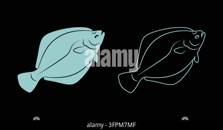 Flounder fish illustration set in silhouette and outline styles with marine life Stock Vector