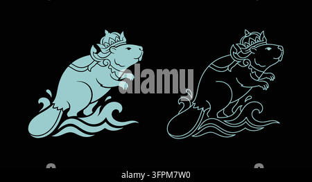 Beaver with crown riding a water wave icon set king beaver crowned animal Stock Vector