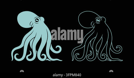 Detailed octopus silhouette graphic with filled body and outline version side Stock Vector