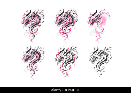 Japanese Dragon Head Set, Pink and Black Y2K Tattoo Graphics, Asian Mythical Dragon Variations, Gothic Vector Illustration Collection Stock Vector