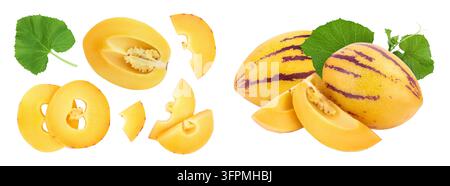 Fresh Pepino fruit slice isolated on white background. Top view, flat lay Stock Photo