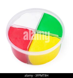 Open plastic container with four sections of colorful air clay in white green red and yellow isolated on white background Stock Photo