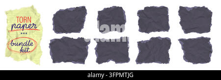 Square crumpled black paper or cardboard scrap texture collection, empty torn wrinkled note or letter set. Collection of ripped creased pieces of offi Stock Vector