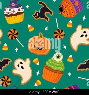 Halloween Cupcakes and Ghost Cookies Seamless Pattern on Green Background Stock Vector