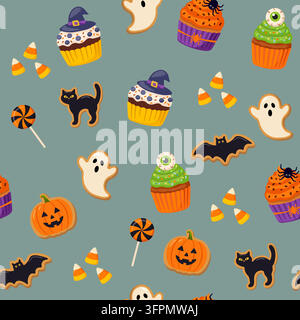 Halloween Cupcakes and Spooky Treats Seamless Pattern Vector Stock Vector
