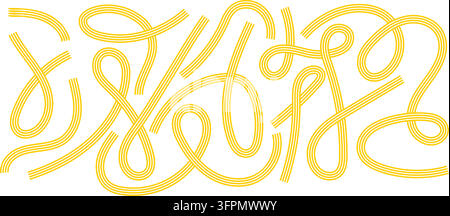 Set of yellow pasta, ramen or noodle curvy lines isolated on white background. Design elements for Japanese, Chinese or Italian cuisine restaurant poster or menu. Vector flat illustration. Stock Vector