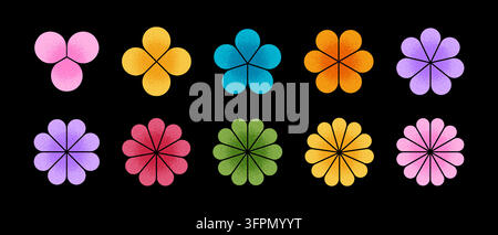 Set of colorful flower shapes with different numbers of petals and grunge texture isolated on black background. Summer theme design elements. Floral stickers. Vector illustration. Stock Vector