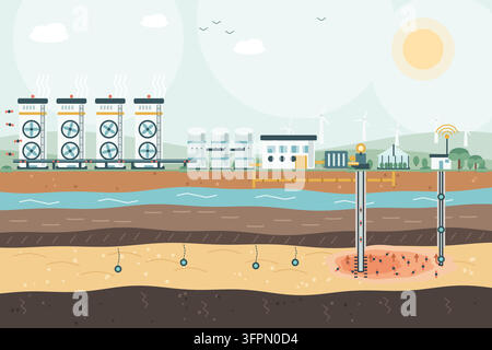 Conceptual cross-section of carbon capture and storage: direct air capture towers and process plant on the surface, an injection well and monitoring Stock Vector