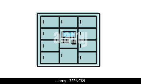 Smart parcel locker terminal with digital screen display vector icon. Black line art with color offset fill style on white background. Stock Vector