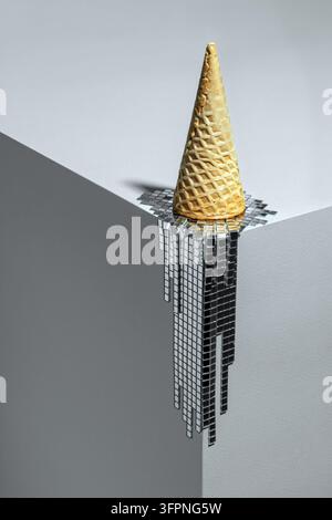 Waffle cone melts on the edge, dissolving into pixelated silver tiles, symbolizing digital decay and ephemeral reality in a surreal minimalist composi Stock Photo
