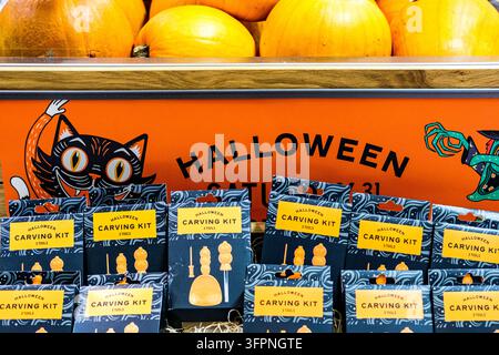 London, UK, October 08 2026, Halloween Pumpkin Carving Kits In Marks And Spencer Supermarket Under Seasonal Signage Stock Photo
