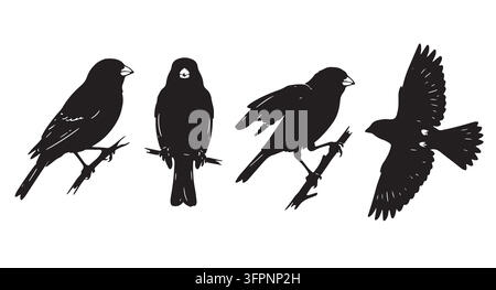 Set of black silhouette bird illustrations isolated on a white background Stock Vector