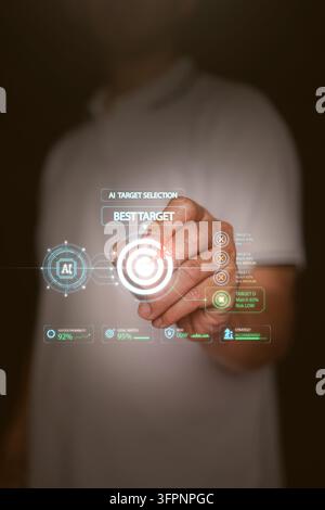 Man with stylus touching glowing AI target selection interface with dart arrow in bullseye, displaying strategy metrics, goal match percentage, predic Stock Photo