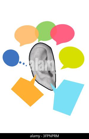 Collage of a halftone ear surrounded by colorful chat bubbles on a white background. Front view and close-up. Copy space Stock Photo