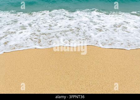 Soft ocean waves gently wash over the golden sandy beach, creating a serene and relaxing coastal scene. Stock Photo