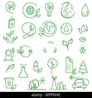 Ecology and nature, recycling and environmental care, vector illustration. A set for printing, organic products, waste sorting and pollution preventio Stock Vector