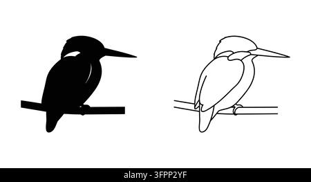 Kingfisher bird silhouette and outline sitting on a branch with kingfisher Stock Vector
