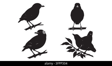 Set of black silhouette birds perched on branches isolated on white background Stock Vector