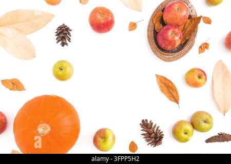 Autumn pumpkin, apples, leaves and nuts arranged on white with generous copy space. Stock Photo
