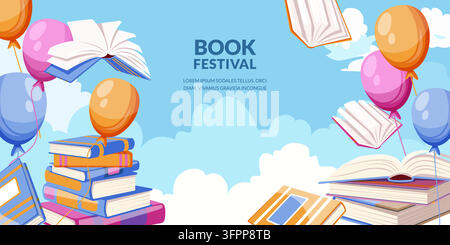 Vector illustration of book festival horizontal banner. Flat design concept with flying open books and balloons in sky background. Creative layout for Stock Vector