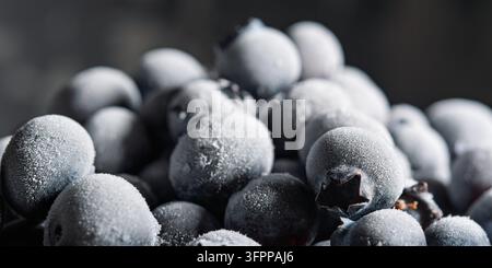 A close-up of frozen blueberries covered in frost, creating a textured and detailed view. The dark background enhances the cold and fresh appearance. Stock Photo