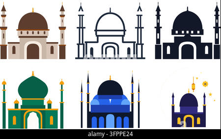 Set of six flat vector mosque icons with domes and minarets in various colors and styles on white background Stock Vector