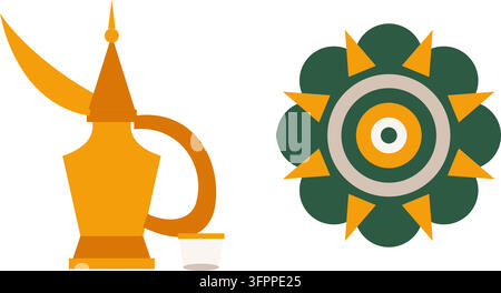 Vector illustration of traditional Arabic coffee pot and ornate Islamic geometric pattern icon Stock Vector