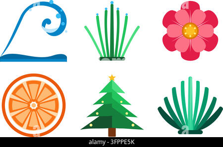 Set of six colorful vector icons including wave, flower, orange slice, and Christmas tree on white background Stock Vector