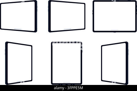 Black tablet computer mockup set with blank screens in various angles isolated on white background Stock Vector