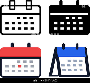 Set of four modern calendar icons in outline, solid, and flat styles isolated on white background Stock Vector