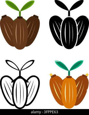 Cocoa pod icon set in flat vector style with color, black, and outline variations on white background Stock Vector