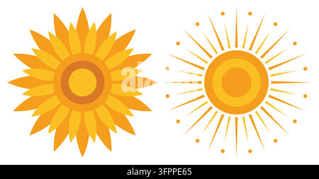 Vector illustration of two stylized sun icons with orange rays and petals isolated on white background Stock Vector