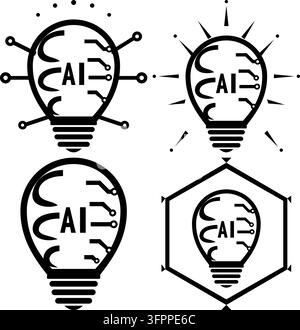 Set of artificial intelligence light bulb icons with circuit board design isolated on white background Stock Vector