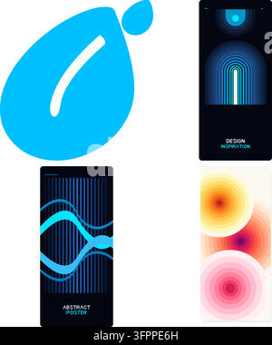 Set of abstract geometric vector poster designs with blue and orange gradients on white background Stock Vector