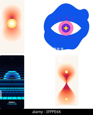 Collection of abstract vector illustrations featuring geometric shapes, glowing orbs, and retro-futuristic grid patterns Stock Vector
