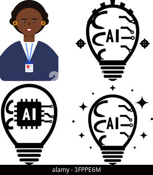 Vector illustration of AI lightbulb icons with circuit board and female engineer avatar Stock Vector