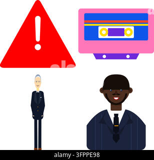Flat vector illustration set of warning triangle, retro cassette tape, and business men icons Stock Vector