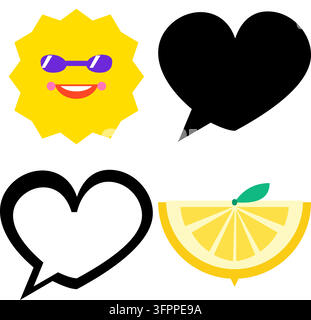 Vector set of cute sun face, heart speech bubbles, and lemon slice icons on white background Stock Vector