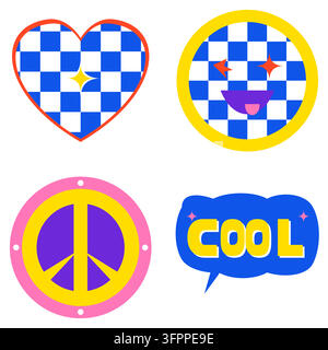 Retro pop art sticker set with checkerboard heart, smiley face, peace sign, and cool speech bubble Stock Vector