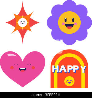 Cute kawaii vector icons of smiling sun, flower, heart, and happy arch on white background Stock Vector