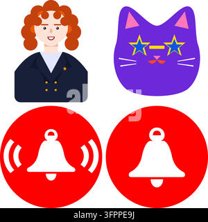 Vector icon set featuring woman, purple cat, and red notification bell symbols isolated on white background Stock Vector